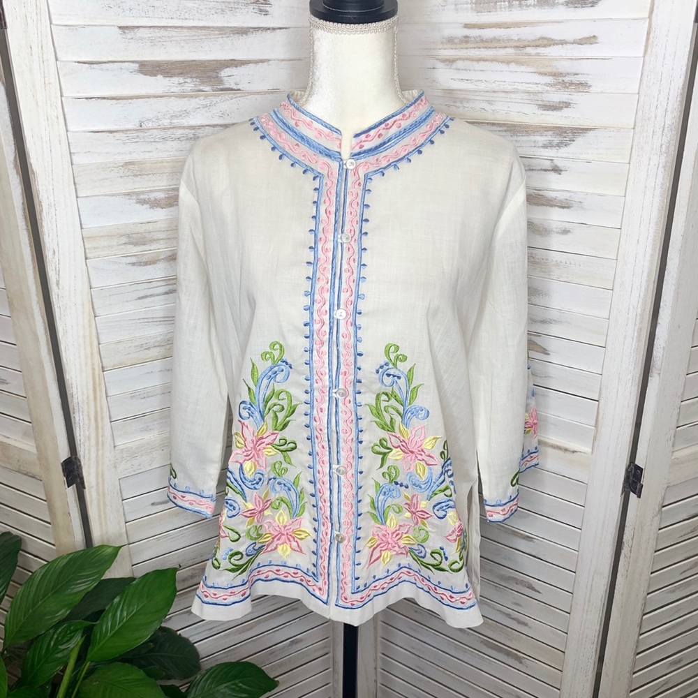 VINTAGE FOYEN'S OF HAWAII Embroidered Caftan Top M
